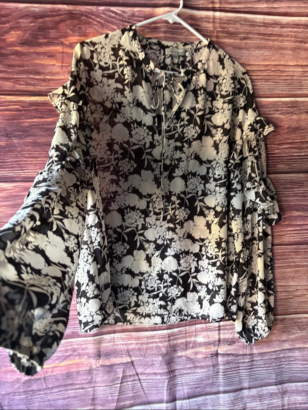 Wishlist Black & Cream Floral Tie-Neck Ruffle Blouse